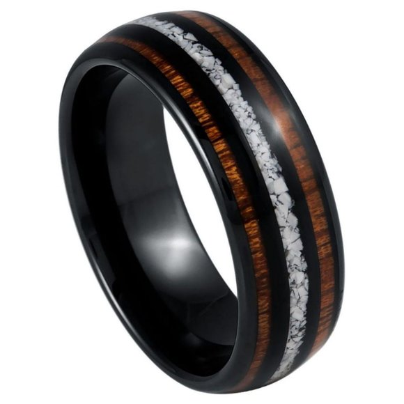 8mm Black plated Koa and Crushed White Turquoise inlay Tungsten Wedding Band - Picture 1 of 2